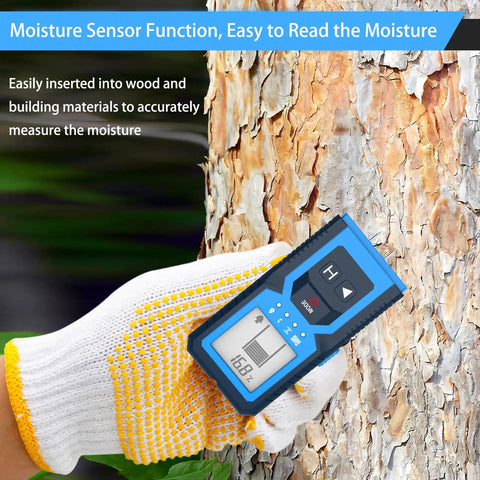 Stud Finder Wall Scanner, 4 in 1 Detector for Wood Metal AC Wire measuring moisture on tree bark with gloved hand.