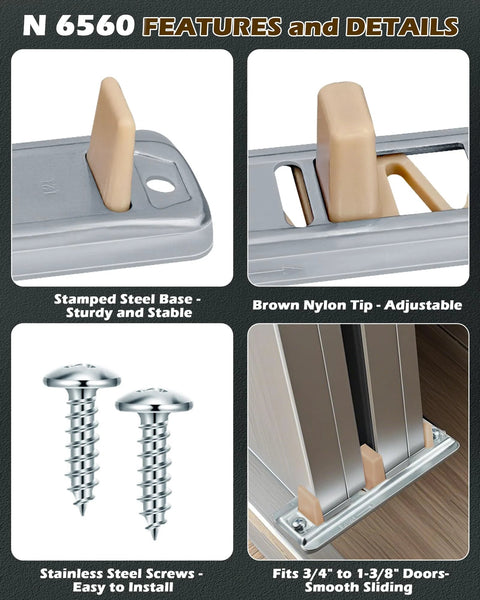 Sliding Closet Door Floor Guide Kit Compatible With Prime-Line N 6560, stamped steel base, adjustable brown nylon tips, 8 pieces shown