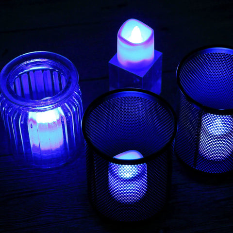 Blue White LED Flameless Candles With Realistic Flame Effect Battery Powered Votive Lights in glass and mesh holders