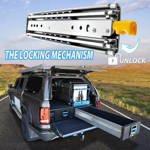 Heavy Duty Drawer Slides With Lock And Full Extension Ball Bearing Rails Side Mount 500 Lb Capacity installed in truck