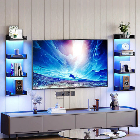 Multi Tier Floating Wall Shelves With Glowing RGB LED Lights And Sleek Black Frame For Wall Mounted Home Storage Vibes That Are Straight Up Dope And Legit Solid