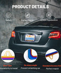 Iridescent Chrome License Plate Frame With Mirror Polish Finish In Chameleon Blue installed on rear bumper with diagram details