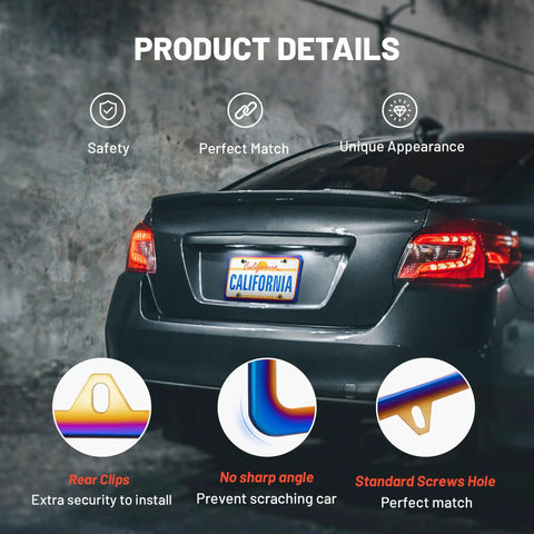 Iridescent Chrome License Plate Frame With Mirror Polish Finish In Chameleon Blue installed on rear bumper with diagram details