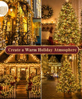 Outdoor Solar String Lights With 100 LEDs 33 Feet 8 Modes Weatherproof Fairy Lights For Patio Yard Christmas Tree Halloween Wedding Party Decor Warm White Glow Totally Lit Backyard Or Garden Vibe Easy To Install lighting up a decorated holiday house and Christmas tree at night.