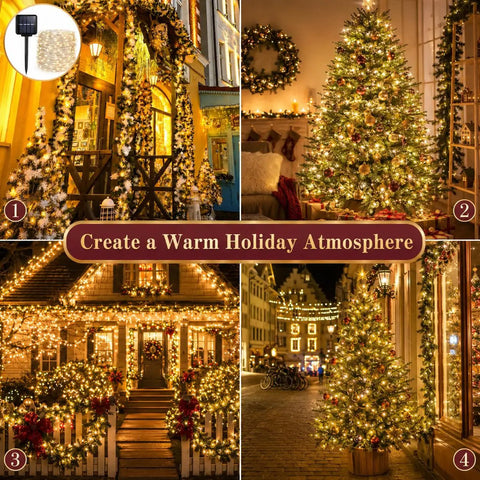 Outdoor Solar String Lights With 100 LEDs 33 Feet 8 Modes Weatherproof Fairy Lights For Patio Yard Christmas Tree Halloween Wedding Party Decor Warm White Glow Totally Lit Backyard Or Garden Vibe Easy To Install lighting up a decorated holiday house and Christmas tree at night.