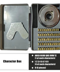 Open character box with metal stamps for Pro-Grade Automatic Continuous Band Sealer With Stand For PVC Bags, High-Speed Vertical Sealing Machine With Digital Counter And Embossing Coder, 110V, Seals 0.031 Inch Material At Up To 78.7 Feet Per Minute.