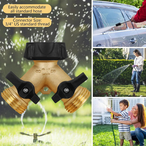Heavy Duty Brass 2 Way Garden Hose Splitter With 2 Valves And Extra O Rings, Y Splitter Tap Connector For Dual Outlets, Corrosion Resistant, No Fuss Setup For Simultaneous Watering In Multiple Spots, 3/4 in thread