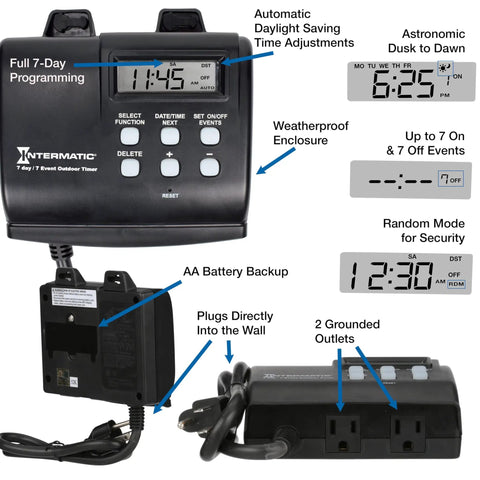 Outdoor Timer With 7 Day Programming And Astronomic Self Adjust With weatherproof plug-in for controlling lights and fans.