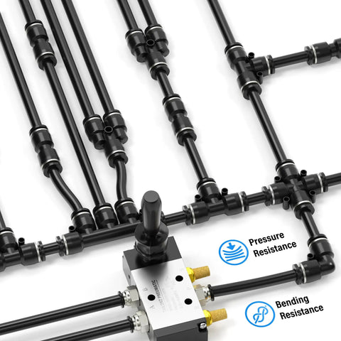 Rugged Black Nylon Pneumatic Air Tubing Kit For Quick Fluid Transfer, Half Inch Outer Diameter, Push In Fittings, 362 PSI, installed view