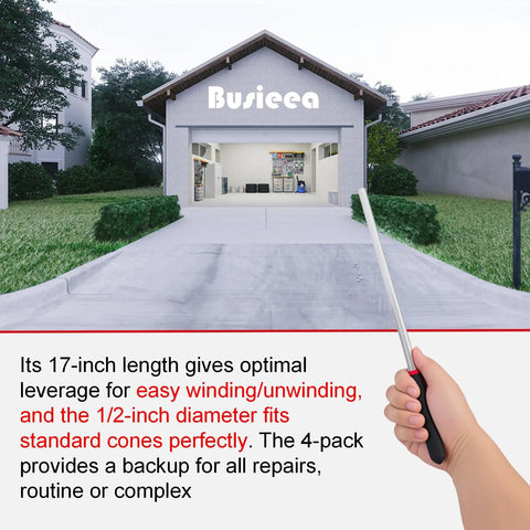 Four Pack Sixteen Inch Garage Door Winding Rods For Torsion Springs displayed with hand holding rod and garage backdrop