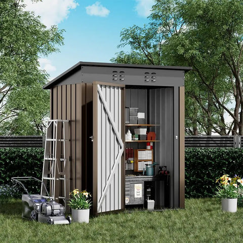 Durable Metal Outdoor Shed With Lockable Doors And Sloped Roof Air Vent 5x3 Ft Brown Garden Tool Storage For Backyard