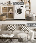 Big Woven Storage Basket For Laundry And Blankets in living room and laundry room settings with furniture and decor.