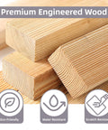 Premium engineered wood planks showing eco-friendly, water, and scratch resistance features.