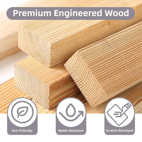 Premium engineered wood planks showing eco-friendly, water, and scratch resistance features.