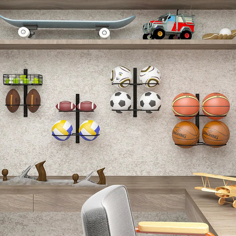 Wall Mounted Basketball Rack And Football Holder For Garage Sidekick, Adjustable Diy Soccer Stand With Basket, Hella Durable Black Metal Game Ball Organizer Flipping Tight Clutter Into Smooth Storage Flow, showcasing stored balls and sports gear on wall.
