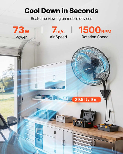 18 Inch Wall Mount Oscillating Fan With 3 Speed Settings, Long Reach Airflow Up To 29.5 Feet, mounted in a garage workshop