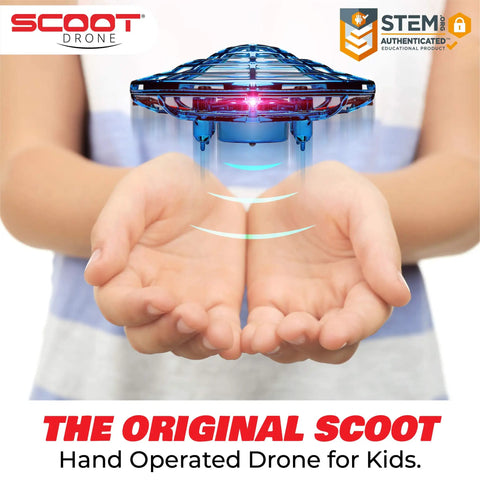 Person holding a blue Hand Operated Scoot Drone For Kids And Adults With Hands Free Motion Sensor LED Indoor UFO Toy