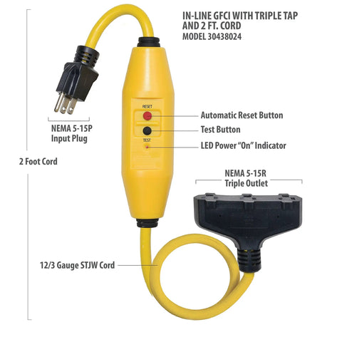 Auto Reset 15 Amp Inline GFCI Triple Tap Cord 2 Feet Yellow with NEMA 5-15P plug and 5-15R receptacle, OSHA safe