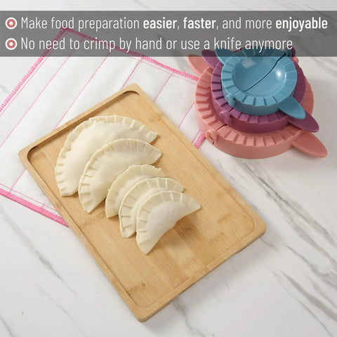 Three Size Dough Press Set In Vibrant Colors For Dumplings Empanadas Pastries Turnovers Hand Pies And Meat Pies with easy-grip handles next to crimped-edged uncooked dumplings on a wooden board