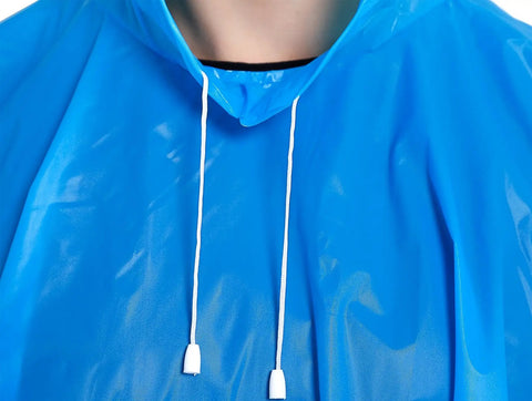 Close-up of blue reusable rain poncho with drawstring hood, part of Two Pack Reusable Rain Ponchos For Adults With Drawstring Hood.
