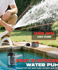 Kick Water Out Fast Heavy Duty Cordless Submersible Water Pump Dropping 1268 Gph Brushless Electric Sump Pump in action with hose.