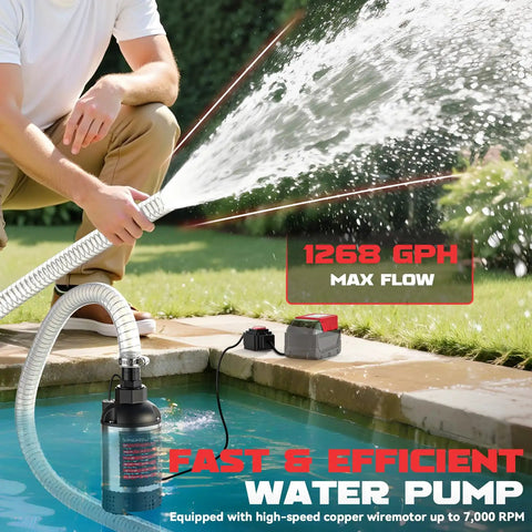 Kick Water Out Fast Heavy Duty Cordless Submersible Water Pump Dropping 1268 Gph Brushless Electric Sump Pump in action with hose.