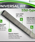 Beefy T50 Staples For Staple Guns Rock Solid Stainless Steel Heavy Duty Industrial Tacks with 3/8 inch crown and bayonet design.
