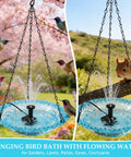 USB Powered Cascade Hanging Bird Bath Fountain For Outdoor Gardens Lawns Patios Eaves And Courtyards with birds and squirrel.