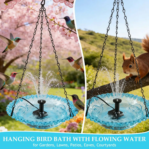 USB Powered Cascade Hanging Bird Bath Fountain For Outdoor Gardens Lawns Patios Eaves And Courtyards with birds and squirrel.