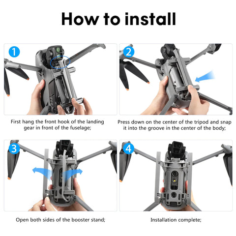 Installation steps for Landing Gear For DJI Air 3 And Air 3S, Foldable Extended Quick Release Drone Protector shown in diagrams.