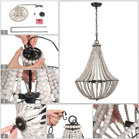 Farmhouse Boho Chandelier With Handmade Wood Beads For Dining Room Or Living Room, Natural Solid Wood Beads In White Distressed Finish
