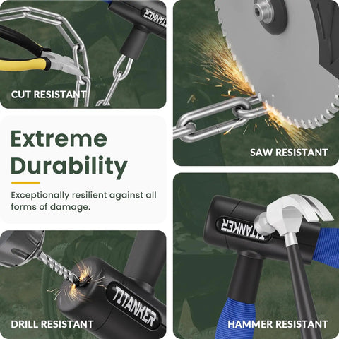 3.3 Feet Heavy Duty Bike Chain Lock With Key 6mm Thick Chain shows cut, saw, drill, and hammer resistance, ideal for security.