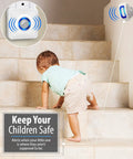 Wireless Door Chime And Driveway Alarm With Motion Sensor For Home And Business, 500 Foot Range, in use by toddler on stairs