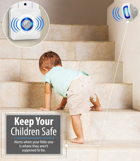 Wireless Door Chime And Driveway Alarm With Motion Sensor For Home And Business, 500 Foot Range, in use by toddler on stairs