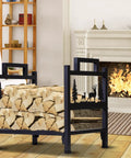Beefy Heavy Duty Steel Firewood Rack For Indoor And Outdoor Use Log Holder with wood in front of a fireplace