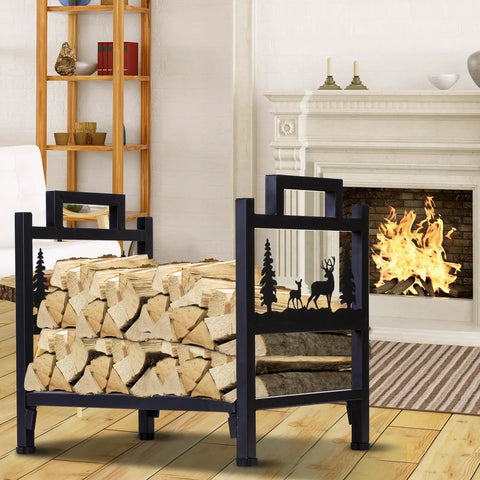 Beefy Heavy Duty Steel Firewood Rack For Indoor And Outdoor Use Log Holder with wood in front of a fireplace
