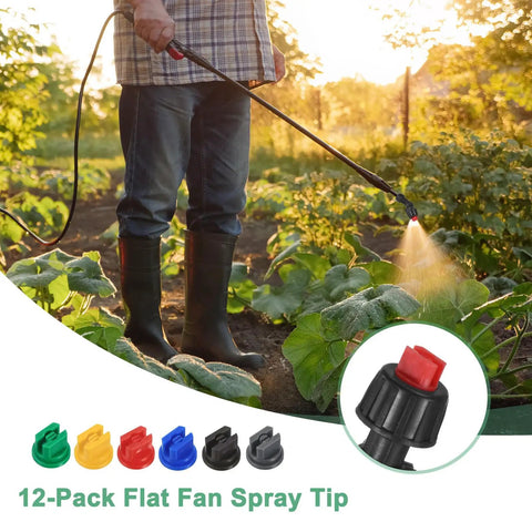 Person using 12 Pack Flat Fan Sprayer Tips Kit With 110 Degree Spray And 0.15 To 0.6mm Orifice Sizes in garden