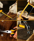 Home Mechanic Tool Box Set With 12V Cordless Drill For DIYers Handy Tools Kit in action with hammer, saw, pliers, and tape measure