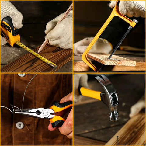 Home Mechanic Tool Box Set With 12V Cordless Drill For DIYers Handy Tools Kit in action with hammer, saw, pliers, and tape measure