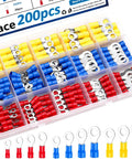 200 Pcs Insulated Ring Terminals Assortment Set with 12 sizes M3 M4 M5 M6 in red, blue, yellow compartments