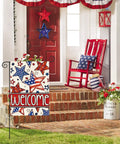Patriotic Fourth Of July Garden Flag 12x18 Inch Double Sided Outdoor Welcome Banner With Stars And Stripes decorating a porch