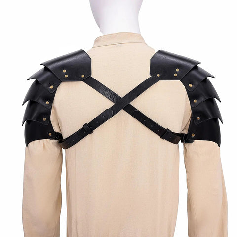 Double Pauldrons Faux Leather Shoulder Armor for LARP Cosplay and Ren Faire shown from the back on a mannequin