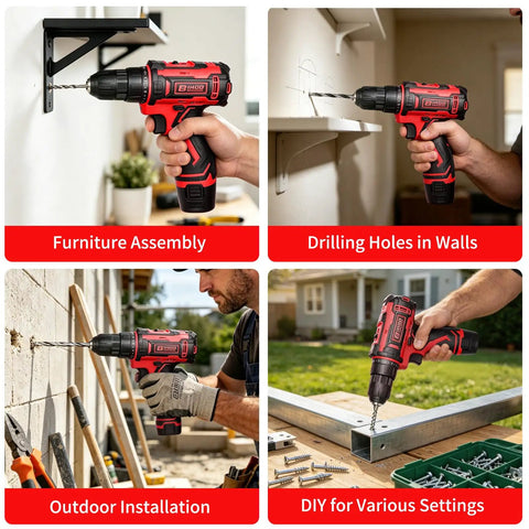 Powerful 12V Cordless Drill Driver Kit with 43 Piece Home Tool Set in various DIY settings, indoor and outdoor use
