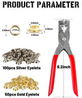 150 Piece Grommet And Eyelet Kit With Leather Hole Punch Pliers 1/2 Inch Eyelets And Grommets In Gold And Silver, pliers shown