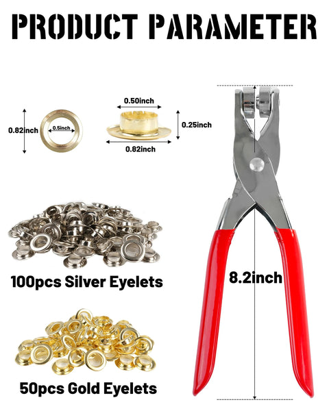 150 Piece Grommet And Eyelet Kit With Leather Hole Punch Pliers 1/2 Inch Eyelets And Grommets In Gold And Silver, pliers shown