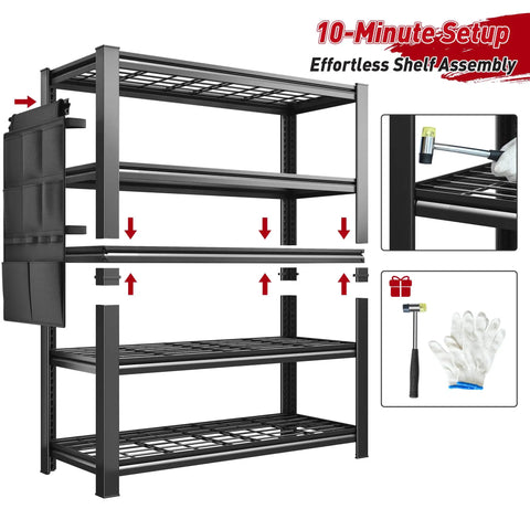 Heavy Duty Garage Shelving Unit 2500 Lbs Total Load, 5 Tier Metal Shelves With Tool Storage Bag, Adjustable Industrial Storage For Basement And Garage Organization, 38.2 W x 66 H x 16 D assembled with tools