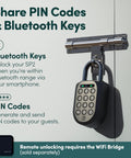 Heavy Duty Smart Padlock With App Shared Access Waterproof Rechargeable Bluetooth Security Lock For Bike Racks And Storage Boxes, PIN code entry visible.