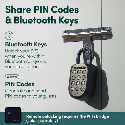Heavy Duty Smart Padlock With App Shared Access Waterproof Rechargeable Bluetooth Security Lock For Bike Racks And Storage Boxes, PIN code entry visible.