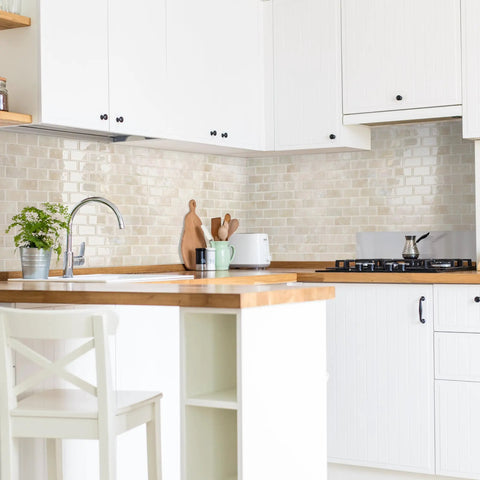 Peel And Stick Backsplash Tiles 10.95 By 9.70 Inches, 3D Adhesive Bezel Beige Marble Look, Pack Of 10 in a modern kitchen setting