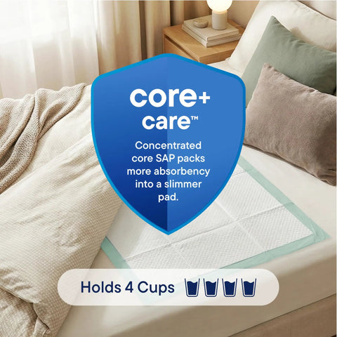 Extra Large Disposable Bed Pads 30 By 36 Inches 50 Pack Super Absorbent Incontinence Underpads on a bed with pillows, demonstrating core technology.